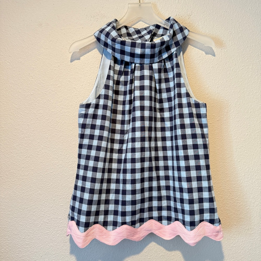 STS Sail to Sable Gingham Sleeveless Blouse Navy Blue Pink Scalloped Hem Medium